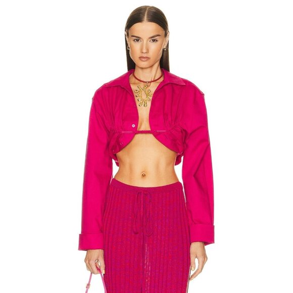 Jacquemus Pink Button Down Crop Top with Dress Shirt Collar - Picture 1 of 15